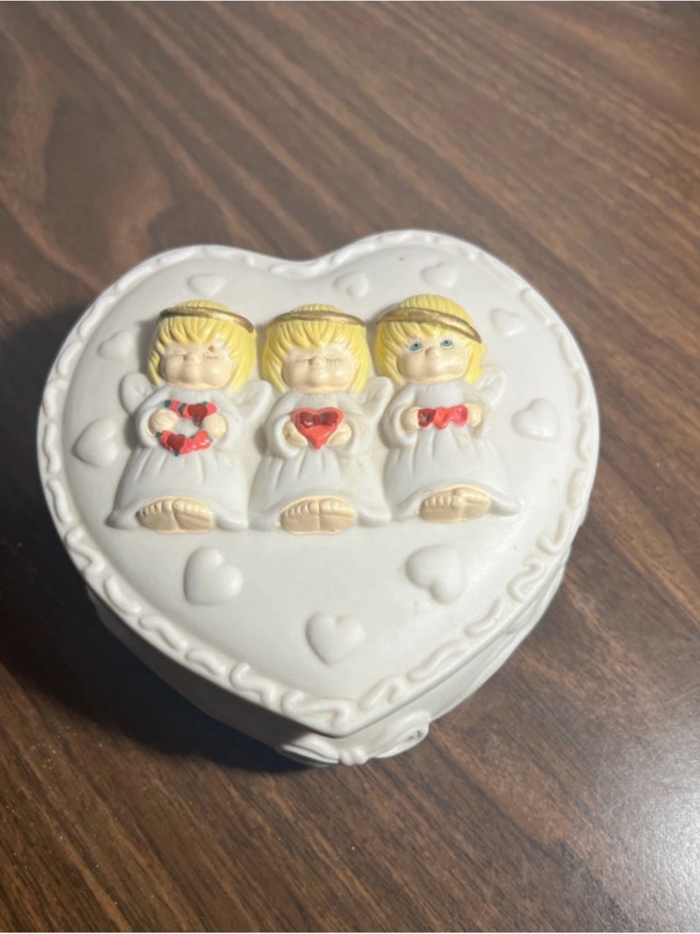 Hallmark White Heart Trinket Box with Angels and Red Hearts